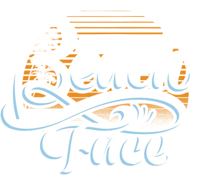 Thiết kế chữ "Resting Beach Face" với hiệu ứng retro, nền là hoàng hôn trên biển với cây cọ.