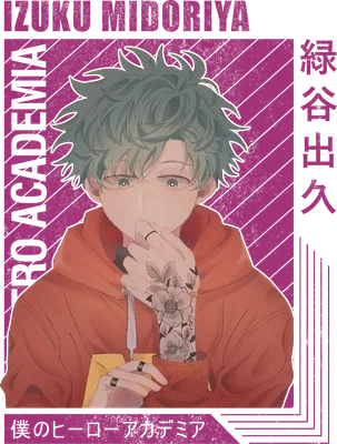 Hình vẽ anime Izuku Midoriya với mái tóc xanh, mặc áo hoodie cam, có hình xăm hoa trên tay.