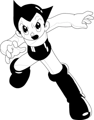 Hình vẽ hoạt hình Astro Boy màu đen trắng, đang lao tới với vẻ mặt quyết tâm.