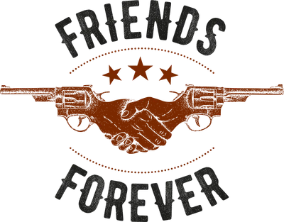 Hình ảnh hai khẩu súng lục bắt tay nhau, với dòng chữ 'FRIENDS FOREVER' ở trên và dưới.
