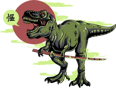 Hình ảnh minh họa khủng long T-Rex màu xanh lá cây cầm kiếm Nhật, có chữ Hán trong bong bóng thoại.