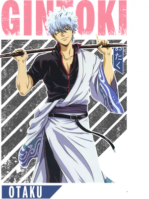 Hình vẽ nhân vật Gintoki Sakata trong anime, tóc bạc, mặc áo đen trắng, cầm gậy.