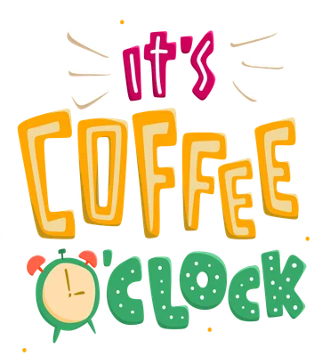 Hình ảnh chữ It's Coffee O'Clock màu sắc tươi sáng, phong cách hoạt hình, có đồng hồ báo thức xanh lá.