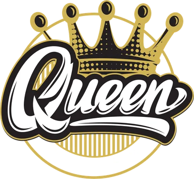 Hình ảnh chữ 'Queen' cách điệu với vương miện vàng, viền đen trắng và các ngôi sao bên dưới, trên nền xám.