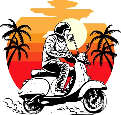 Hình minh họa chàng trai lái xe máy Vespa cổ điển trên nền mặt trời hoàng hôn và cây dừa