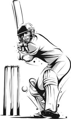 Hình vẽ đen trắng vận động viên cricket đang chuẩn bị đánh bóng, với gậy và wicket.
