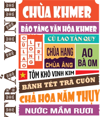 Hình ảnh typography các địa danh, món ăn đặc sản và văn hóa Khmer tại Việt Nam, với chữ 'TRAVEL VIETNAM' dọc.
