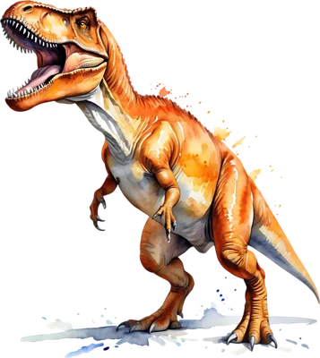 Hình minh họa khủng long T-Rex màu cam nâu mạnh mẽ, miệng há to gầm gừ, phong cách màu nước độc đáo.