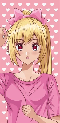 Hình ảnh cô gái anime tóc vàng, mắt đỏ, buộc nơ hồng, mặc áo hồng, trên nền hồng có họa tiết trái tim trắng.