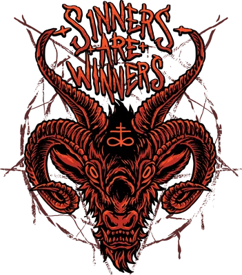 Hình ảnh đầu dê Baphomet màu đỏ rực với sừng cong lớn, đôi mắt sắc lạnh và biểu tượng Baphomet trên trán, phía sau là ngôi sao năm cánh và dòng chữ "Sinners Are Winners".