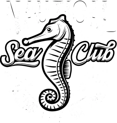 Hình in cá ngựa trắng đen phong cách vintage với chữ Nautical Sea Club và Amazing Life On The Sea.