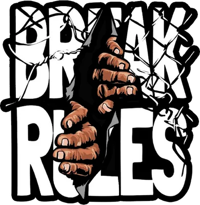 Logo "BREAK RULES" với bàn tay đang xé rào, thể hiện sự phá cách và mạnh mẽ.