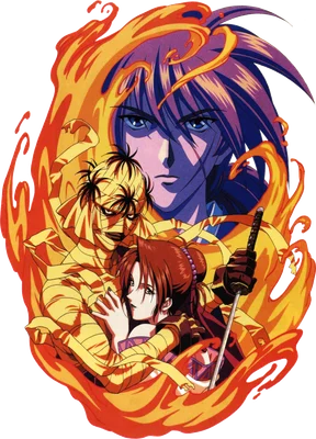 Hình ảnh anime với nhân vật nam kiếm sĩ uy nghiêm và nhân vật nữ xinh đẹp, bao quanh bởi hiệu ứng lửa rực rỡ.
