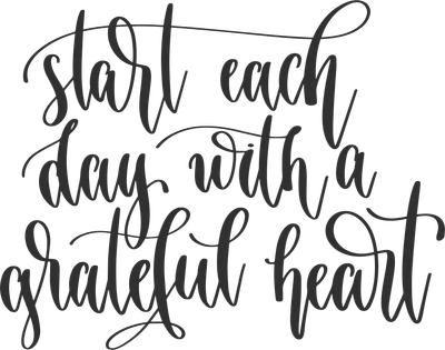 Dòng chữ "Start each day with a grateful heart" viết tay kiểu thư pháp màu xám trên nền xám