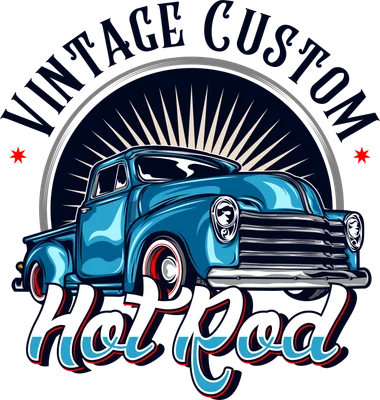 Thiết kế đồ họa xe bán tải cổ điển màu xanh dương phong cách vintage hot rod