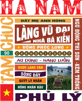 Hình ảnh tổng hợp các địa danh, đặc sản và văn hóa tỉnh Hà Nam với chữ lớn, hình ảnh chùa Tam Chúc và cờ Việt Nam.