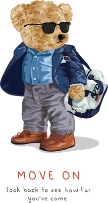 Hình ảnh gấu Teddy hoạt hình đeo kính râm, mặc áo khoác xanh, quần xám, giày lười, cầm túi du lịch trên nền xám.