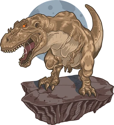 Hình minh họa khủng long bạo chúa T-Rex màu nâu đứng trên tảng đá, với miệng há to và hơi thở khói, phía sau là mặt trăng.