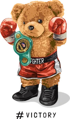 Hình vẽ gấu bông boxer đeo găng đỏ, đai vô địch thế giới màu xanh lá, quần đùi đỏ và giày đen, đứng trên nền xám.