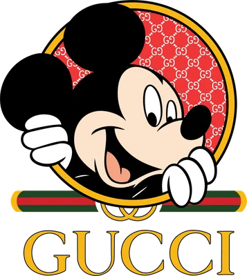 Hình ảnh Mickey Mouse cười tươi, phía sau là họa tiết GG của Gucci và logo Gucci bên dưới.