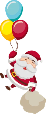 Hình vẽ Ông Già Noel đang bay lên cao, tay cầm chùm bóng bay màu đỏ, vàng, xanh dương và túi quà.
