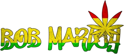Chữ Bob Marley với lá phong cách Rasta, màu vàng, xanh lá, đỏ, phong cách graffiti.