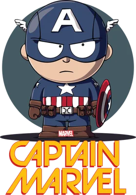 Hình chibi Captain America với khiên tròn, biểu cảm ngầu, có chữ Marvel và Captain Marvel.