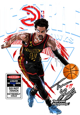 Hình vẽ hoạt hình cầu thủ bóng rổ Trae Young của đội Atlanta Hawks đang ném bóng, có chữ "ICE TRAE" và "Hawks"