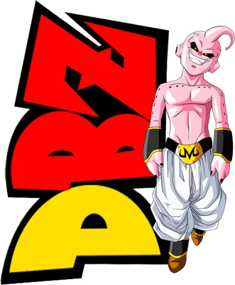 Hình ảnh nhân vật Majin Buu màu hồng với biểu cảm cười nham hiểm, đứng cạnh logo màu đỏ và vàng.