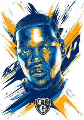 Chân dung Kevin Durant đội Brooklyn Nets với phong cách vẽ graffiti màu xanh, vàng và trắng trên nền xám.