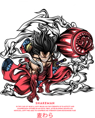 Hình ảnh Luffy Gear 4 Snakeman trong One Piece, với biểu cảm mạnh mẽ và trang phục đỏ, bao quanh bởi khói trắng.