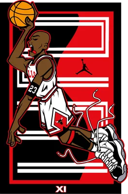 Hình vẽ Michael Jordan đang thực hiện cú úp rổ, mặc áo đấu Chicago Bulls số 23.