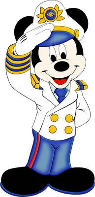 Mickey Mouse trong trang phục thuyền trưởng màu trắng và xanh dương, đang chào, với nụ cười thân thiện.