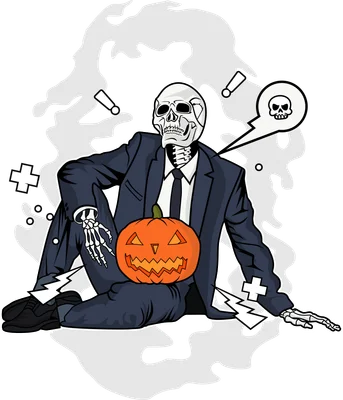 Hình minh họa bộ xương mặc suit đen cầm bí ngô Halloween phong cách hoạt hình cá tính
