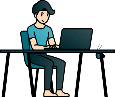 Hình minh họa chàng trai trẻ ngồi làm việc trên laptop, có ly cà phê nóng bên cạnh.