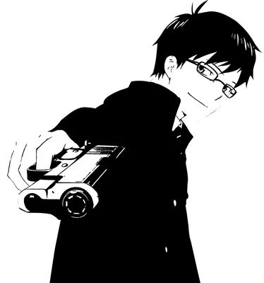 Hình vẽ anime đen trắng một chàng trai đeo kính, mặc áo khoác, tay cầm súng chĩa về phía trước.