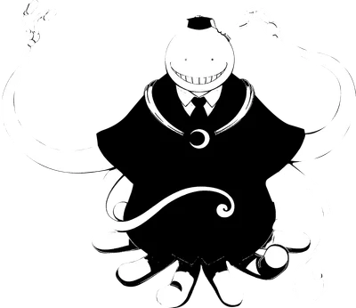 Hình vẽ nhân vật Koro Sensei màu đen trắng, đội mũ tốt nghiệp, mặc áo choàng, có nhiều xúc tu và nụ cười nham hiểm.