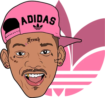 Hình vẽ chân dung một người đàn ông đội mũ lưỡi trai màu hồng có logo Adidas, biểu cảm vui vẻ, có hình xăm trên mặt.