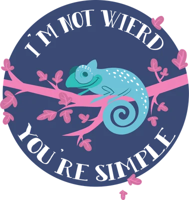 Hình ảnh thằn lằn xanh dễ thương ngồi trên cành cây hồng với dòng chữ 'I'M NOT WEIRD YOU'RE SIMPLE'