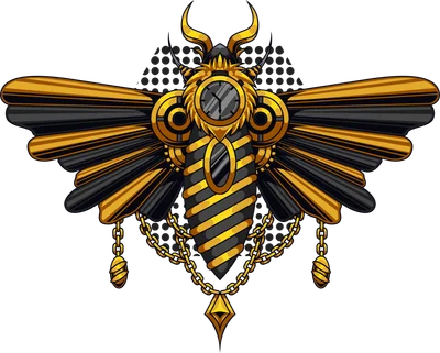Hình minh họa bướm cơ khí phong cách steampunk màu đen và vàng với đồng hồ, dây xích, chi tiết kim loại phức tạp.