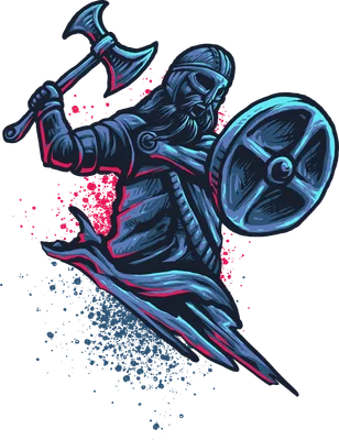 Hình ảnh chiến binh Viking đội mũ trụ, râu dài, cầm rìu chiến và khiên tròn, với hiệu ứng màu neon xanh và hồng.