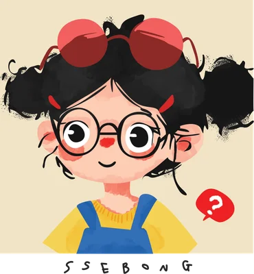 Hình vẽ cô bé đeo kính tròn và kính râm đỏ, tóc búi hai bên, mặc yếm xanh và áo vàng.