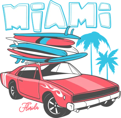 Hình minh họa xe cổ màu đỏ chở nhiều ván lướt sóng, có chữ Miami và cây cọ, phong cách hoạt hình.