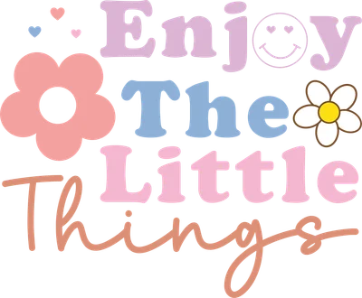 Hình ảnh chữ Enjoy The Little Things màu pastel với hoa, trái tim và mặt cười trên nền xám.