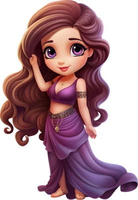 Hình ảnh cô gái hoạt hình chibi tóc nâu dài, mắt tím to tròn, mặc trang phục màu tím quyến rũ