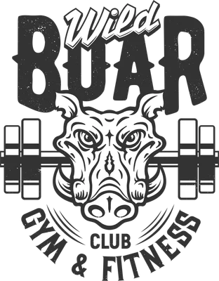 Hình minh họa đầu heo rừng trắng mạnh mẽ với tạ đòn, chữ 'Wild BOAR GYM CLUB & FITNESS' phong cách vintage.