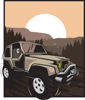 Hình minh họa xe địa hình off-road màu be đang di chuyển trên địa hình gồ ghề với cảnh núi rừng và mặt trời lặn phía sau.