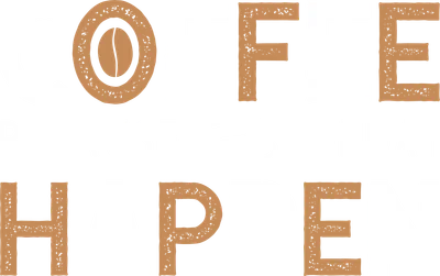 Dòng chữ 'COFFEE BECAUSE MONDAY HAPPEN' với hình hạt cà phê và tách cà phê, trên nền xám.