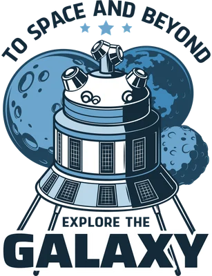 Hình minh họa tàu vũ trụ màu xanh và trắng với các hành tinh, mặt trăng và chữ 'TO SPACE AND BEYOND', 'EXPLORE THE GALAXY'.