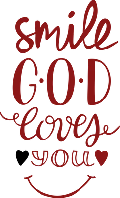 Hình ảnh chữ "Smile God Loves You" với font chữ viết tay màu đỏ, có trái tim đen và đỏ, cùng nụ cười ở dưới.